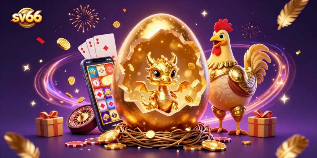 Win big at sv66 casino with a cinematic golden dragon surrounded by poker chips and sparkling slot elements