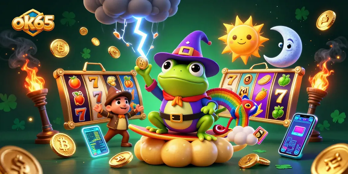 Win big with ok65 in a vibrant 3D casino illustration showcasing golden coins, slot reels, and crypto elements.