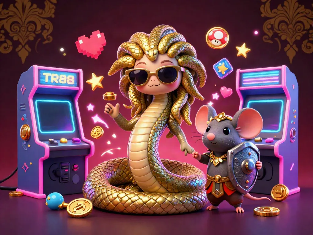 Experience dynamic gameplay with TR88's friendly Medusa and warrior mouse in a colorful arcade scene.