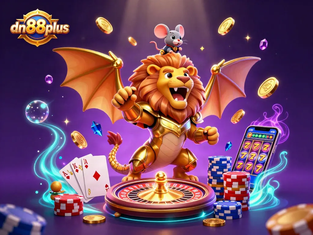 dn88plus showcases an epic 3D scene with a roaring chimera and golden casino elements, enhancing gaming excitement.