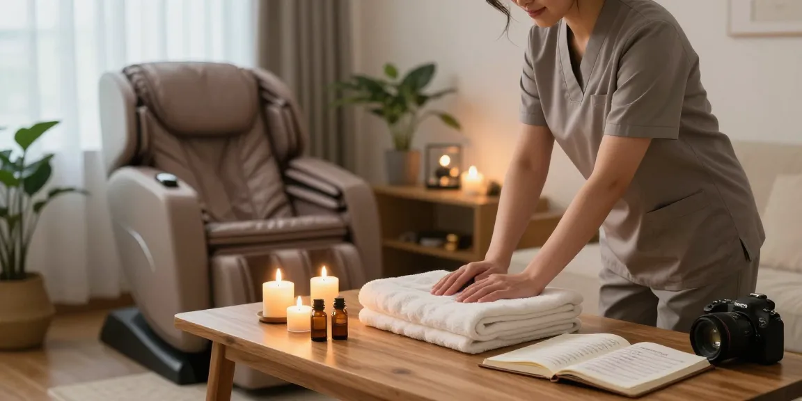 중랑구출장마사지 in a tranquil home setting, showcasing a professional therapist preparing for a soothing massage session.