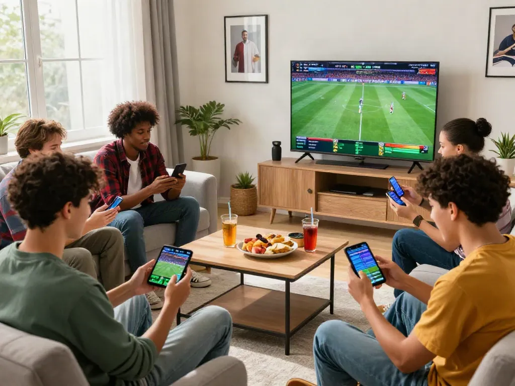 Dynamic sports betting scene with friends using their devices and a large TV showcasing live games, emphasizing the Link zbet experience.