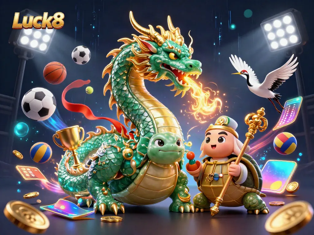 Experience an exciting scene with Luck8 featuring a jade dragon, turtle sage, and lucky cranes amidst dynamic sports elements.