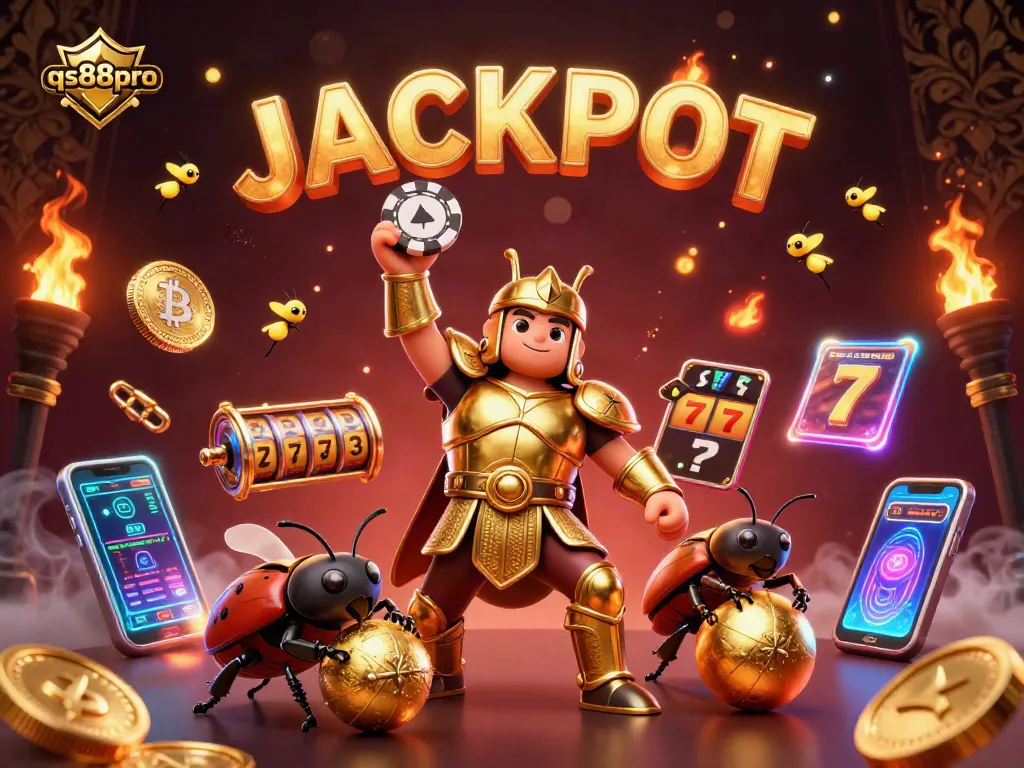 Experience the excitement of qs88pro with a vivid 3D illustration showcasing a victorious beetle, poker chips, and crypto elements.