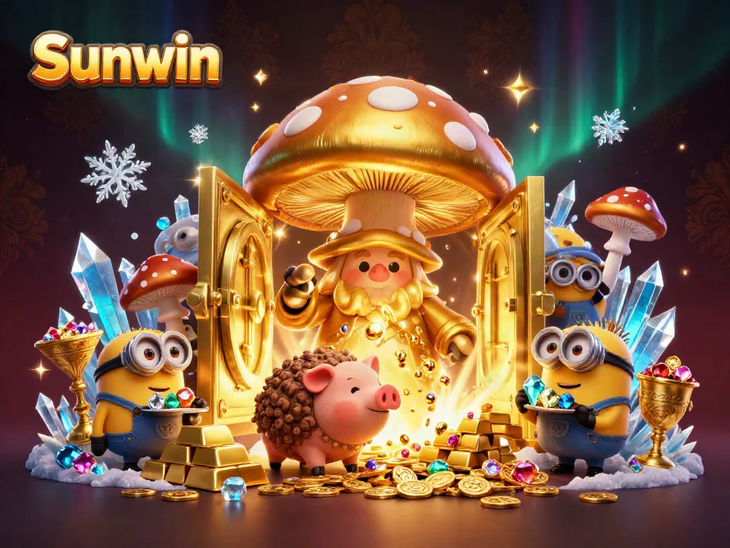 Engage with Sunwin's vibrant casino magic featuring characters like a golden mushroom wizard amidst treasures.
