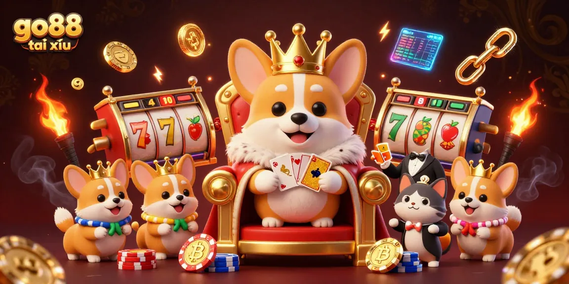 Experience the thrill of go88 tài xỉu with corgis amidst slots and crypto coins in a vibrant casino setting.