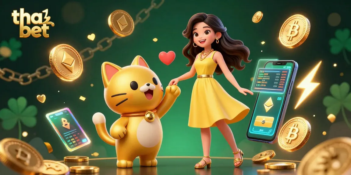 Experience thrilling gaming with tha bet in this vibrant casino illustration featuring lucky charms and joyful characters.