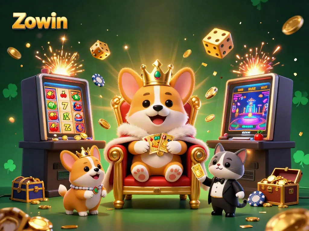 Engage with Zowin's exciting casino atmosphere featuring a royal corgi surrounded by dynamic gaming elements.