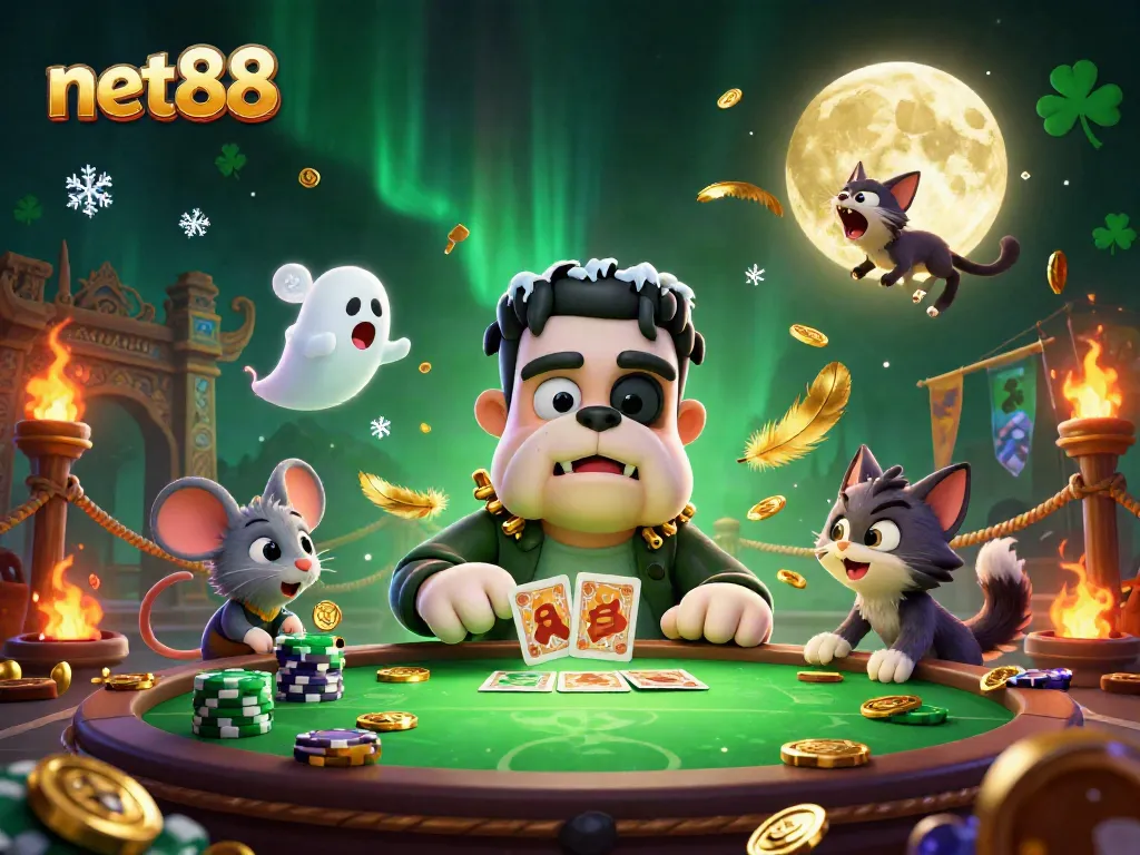 Win big with net88 at a vibrant casino scene featuring a monster dealer and floating ghost mouse.
