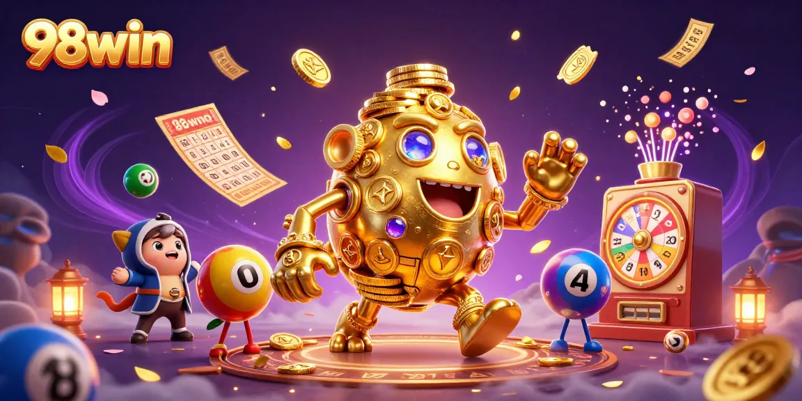 Experience 98win's vibrant casino world with dynamic game elements and a golden golem character.