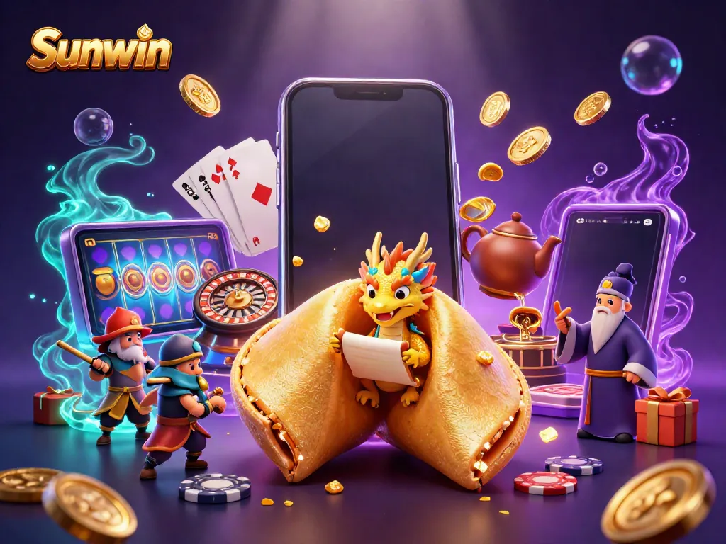 Experience exciting gaming with Sunwin through a vibrant 3D illustration featuring a festive and colorful casino atmosphere.