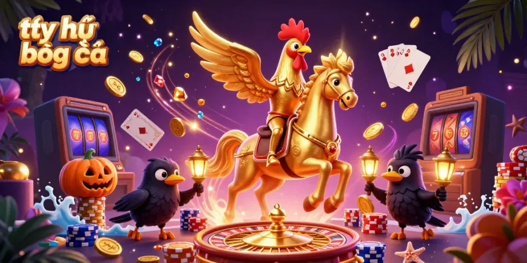 Tỷ lệ bóng đá dynamic casino scene featuring a golden rooster and festive characters amidst vibrant gaming elements.
