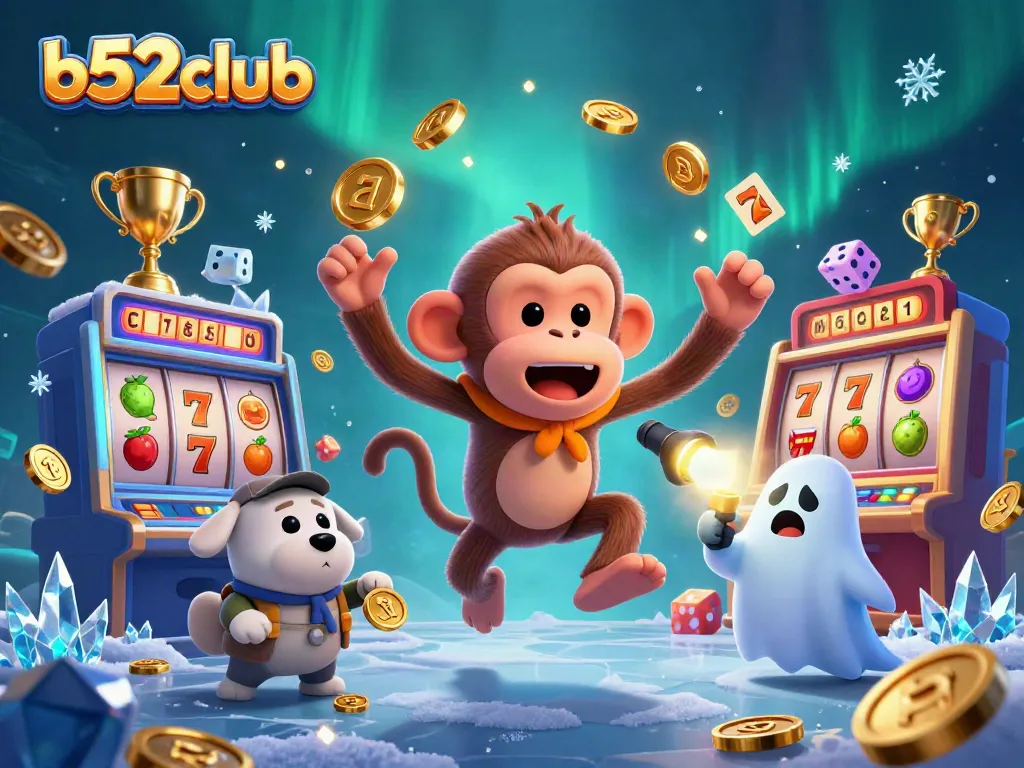 Join the exciting b52club casino experience with a playful poltergeist monkey and a curious ghost-hunter puppy.