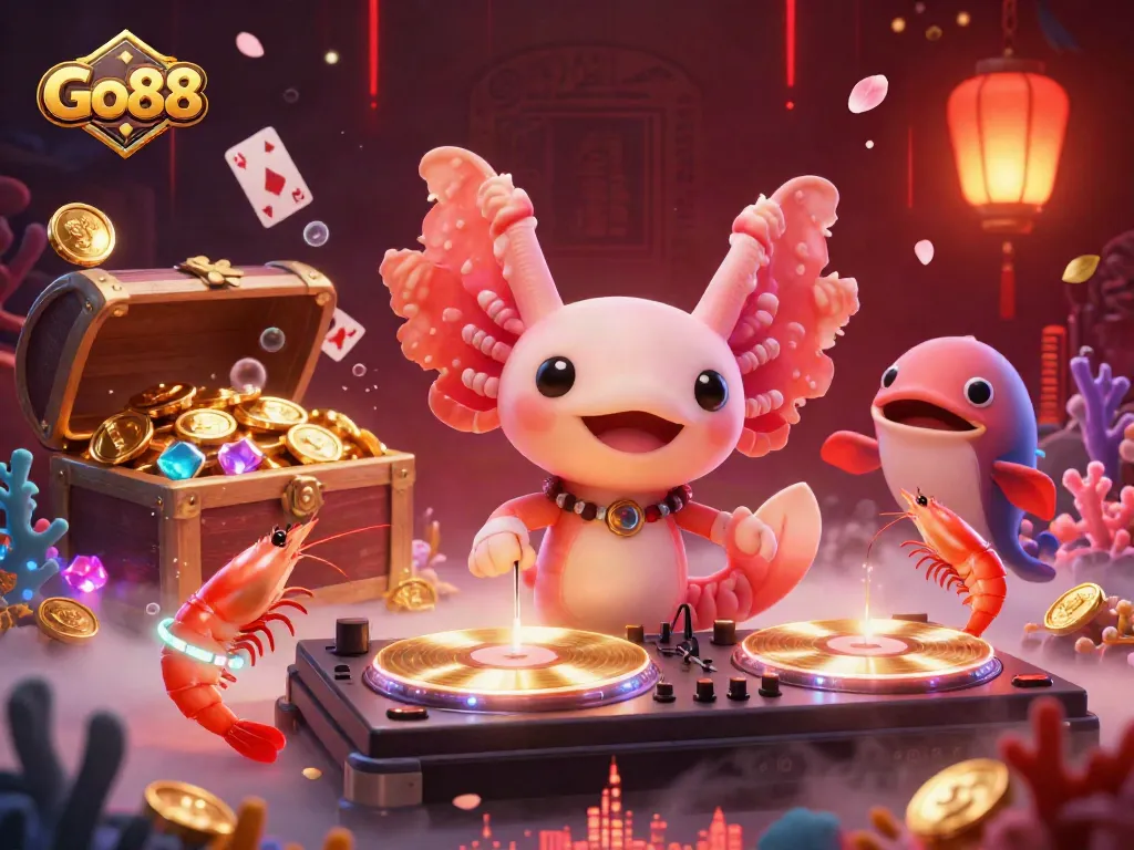Enjoy thrilling gaming at Go88 with vibrant underwater scenes featuring a DJ axolotl and lively marine dancers.