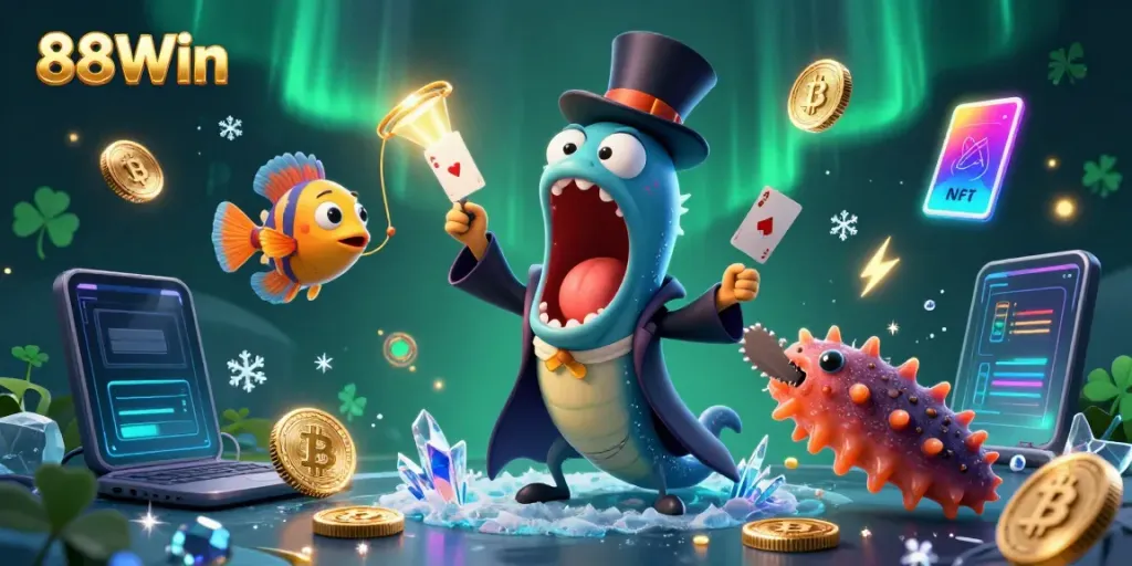Experience thrilling gameplay dynamics, play card tricks with a bioluminescent gulper eel in an 88Win magic act illustration.