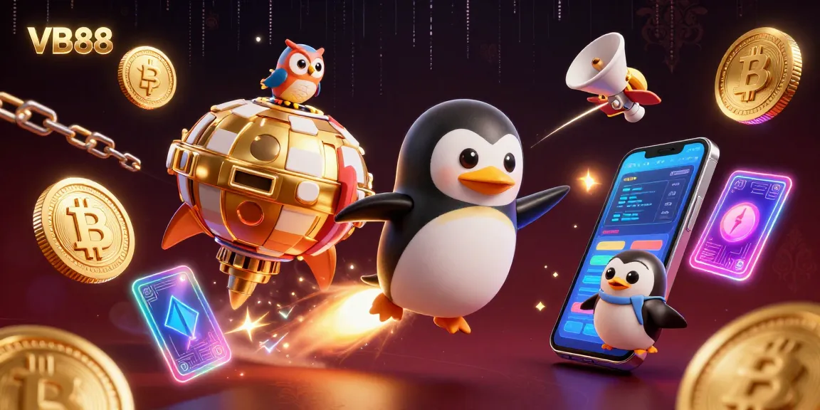 VB88 launching into the casino universe with a vibrant golden penguin and crypto coins.