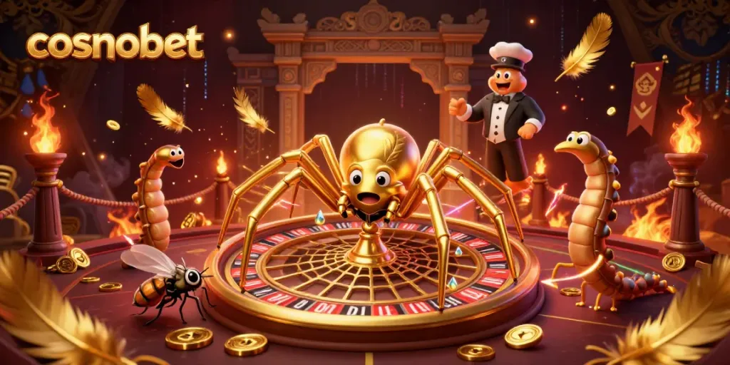 Experience thrilling gameplay at cosmobet with a golden spider and croupier spinning excitement.