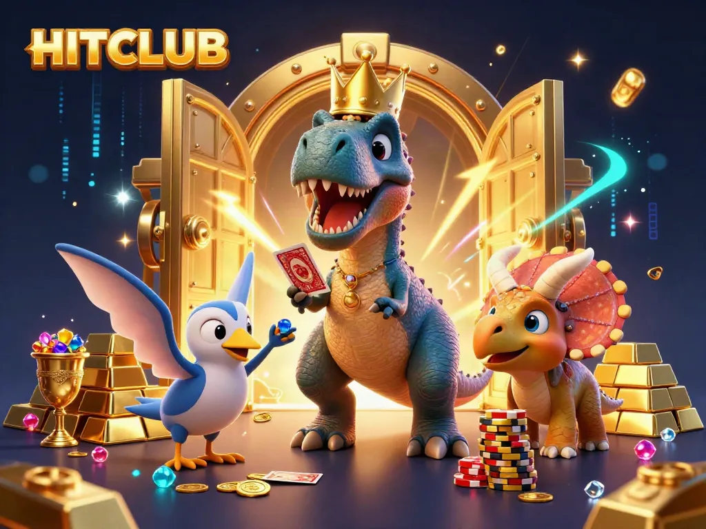 Join HITCLUB for a vibrant gaming experience featuring a T-Rex and friends shuffling cards.