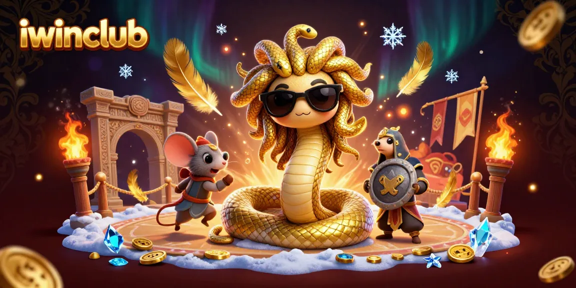 Engaging iwinclub gaming scene with Medusa and mouse warrior in a rich casino battlefield.
