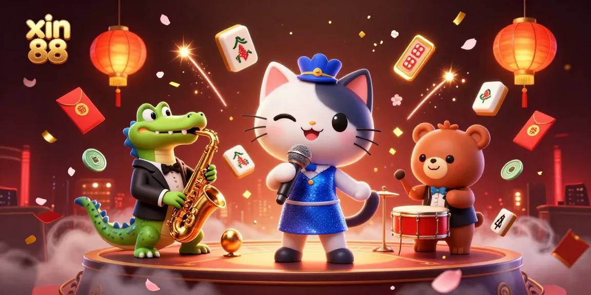 Experience the excitement of xin 88 with a jazz-singer cat, crocodile, and drum-playing bear in a vibrant casino scene.