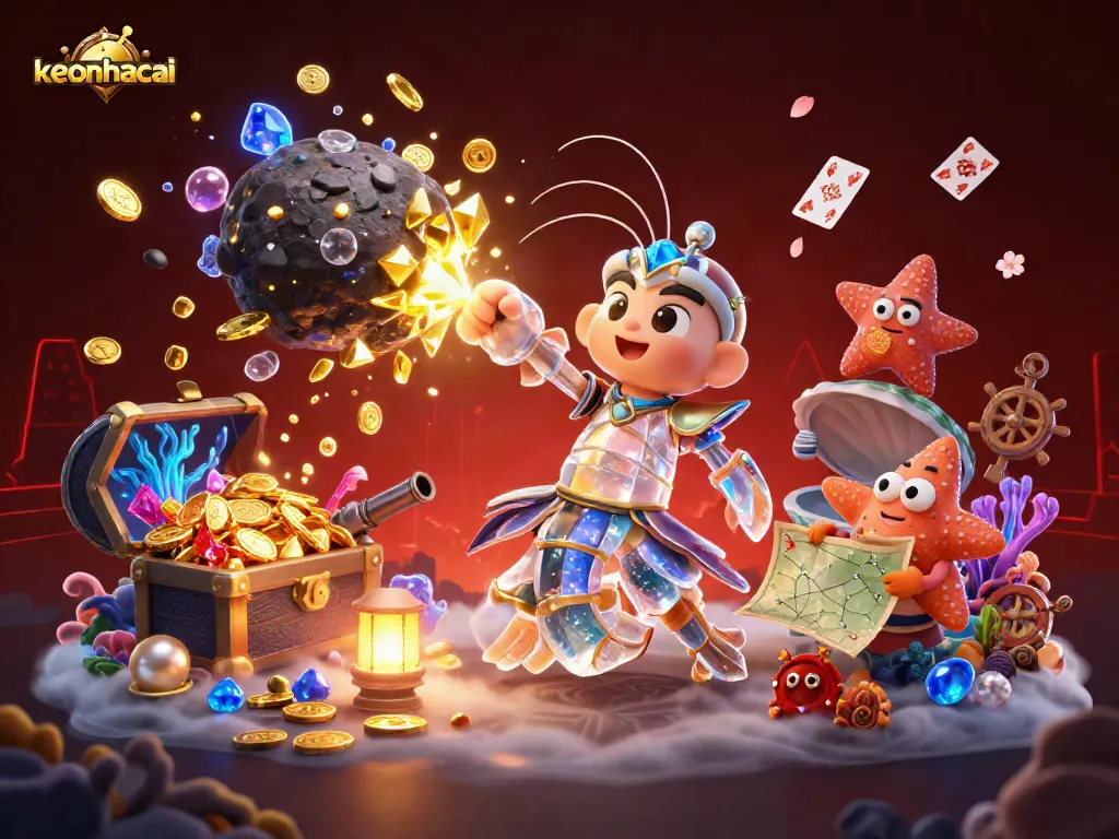 Engage in thrilling keonhacai betting as a galactic samurai shrimp bursts through gems and coins.