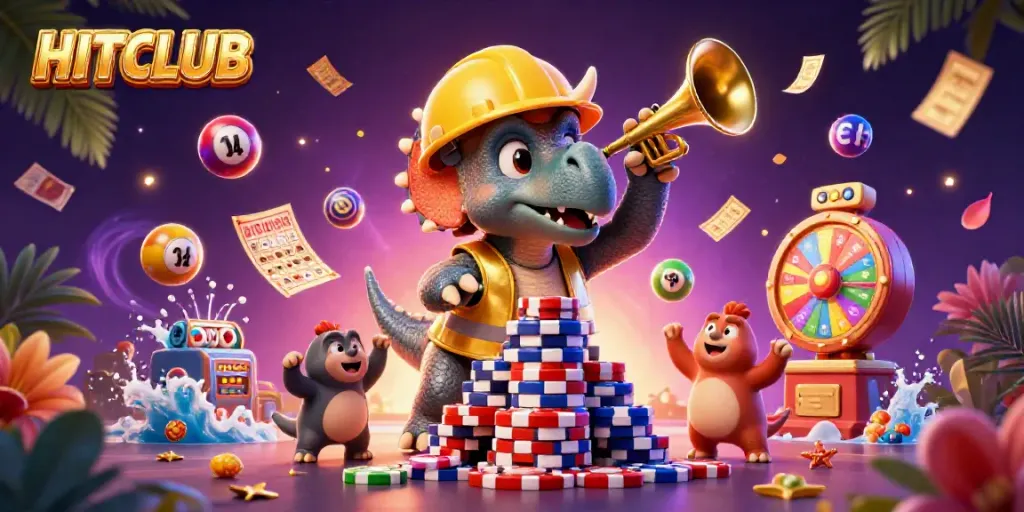 Engage in thrilling gameplay at HITCLUB surrounded by colorful gaming elements and festive characters.