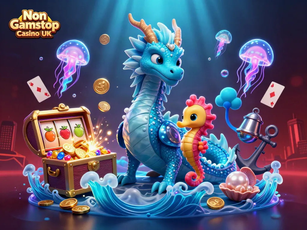 Witness the adventure in a Non Gamstop Casino UK scene with a water dragon, seahorse knight, and vibrant slot visuals.