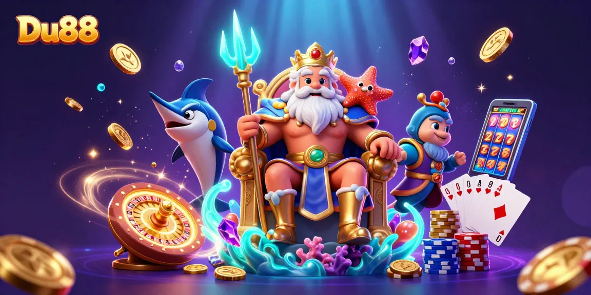 Win big at Du88 with dazzling casino graphics featuring Neptune, golden coins, and vibrant slot elements.