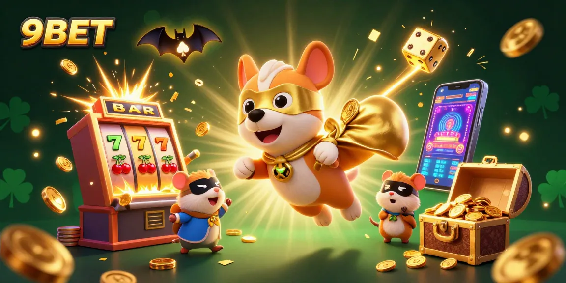 Engage in thrilling gaming at 9BET, with a superhero dog flying amidst vibrant casino elements.