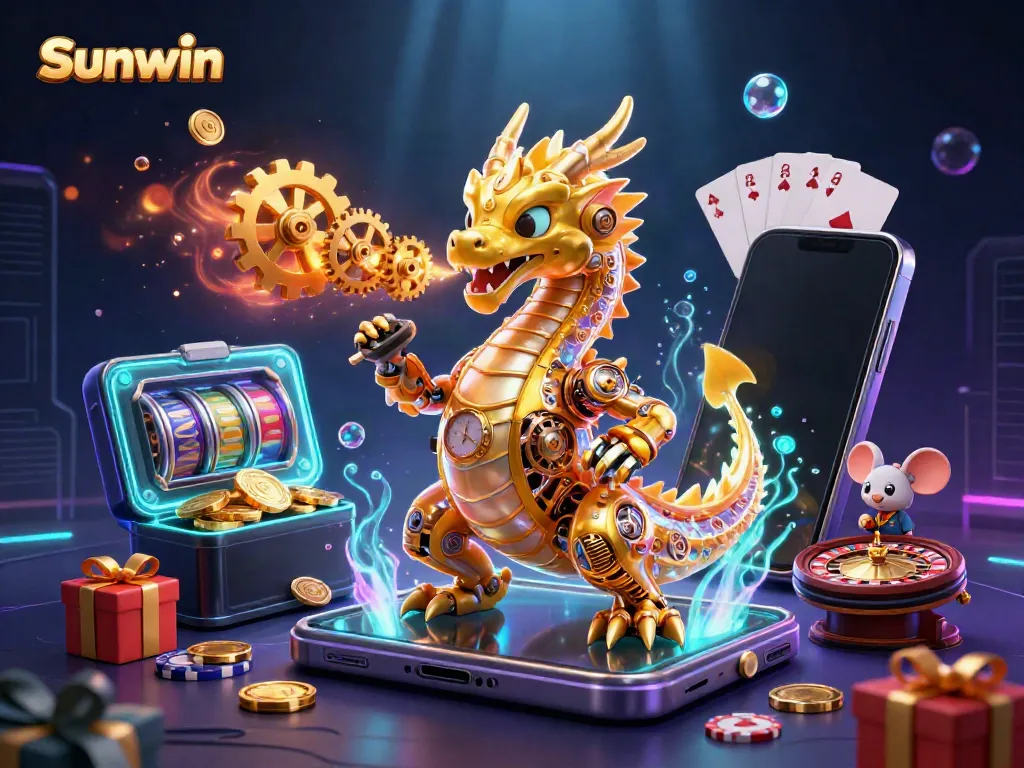 Experience thrilling gaming action at Sunwin with a vibrant 3D dragon and game elements.