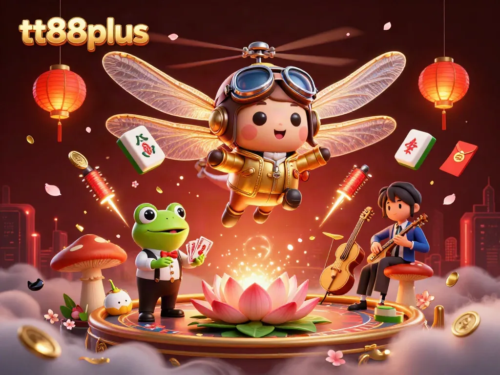 tt88plus showcases a vibrant casino scene with a dragonfly pilot, frog croupier, and jazz-playing crickets.