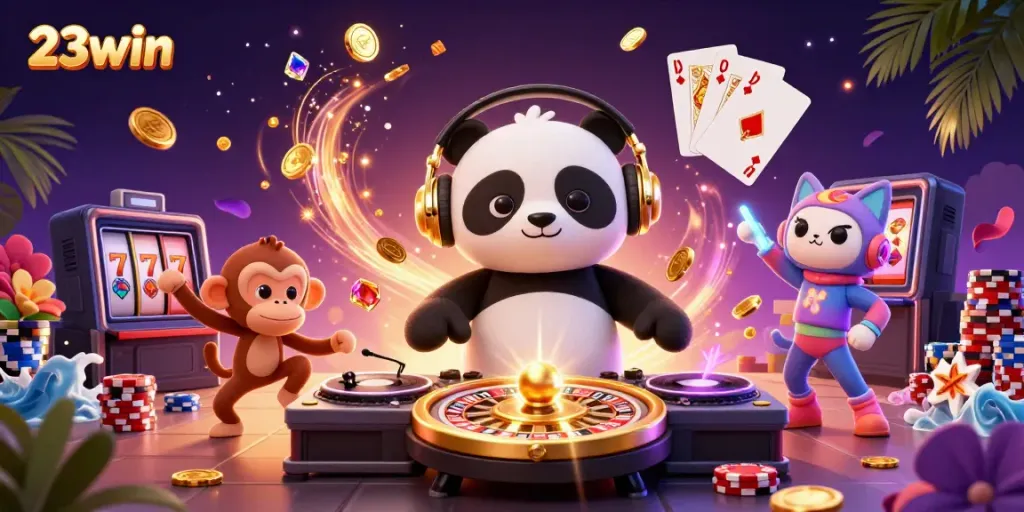 Experience the vibrant energy of 23win with a DJ panda, dancing monkey, and glowing kitten in a lively casino scene.