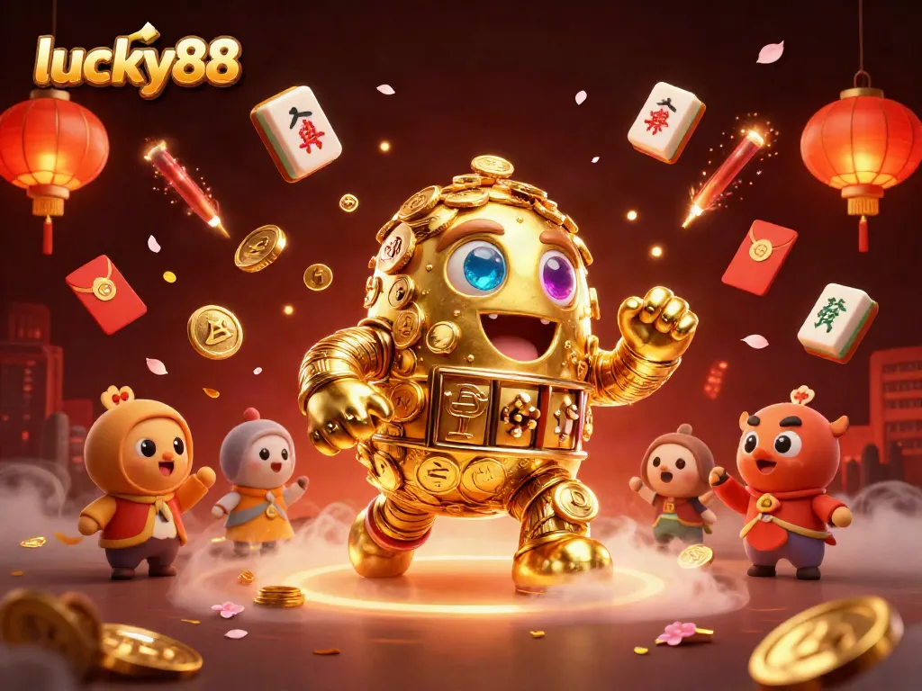Experience the excitement of lucky88 with a dynamic casino scene featuring a golden golem and festive elements.