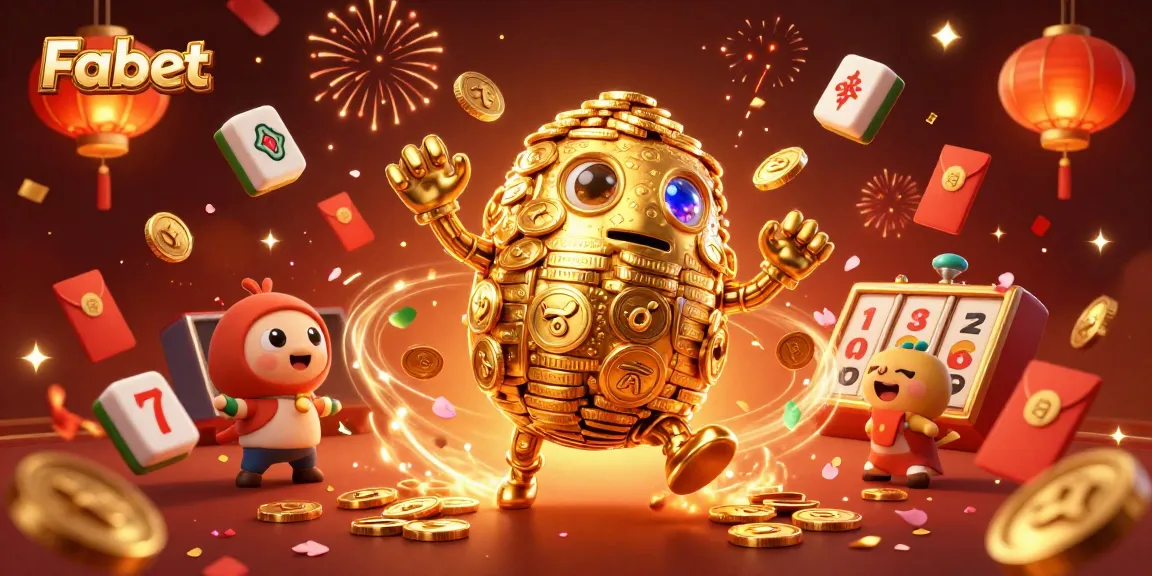 Experience Fabet's vibrant casino world with a golden coin golem and dynamic gaming elements.
