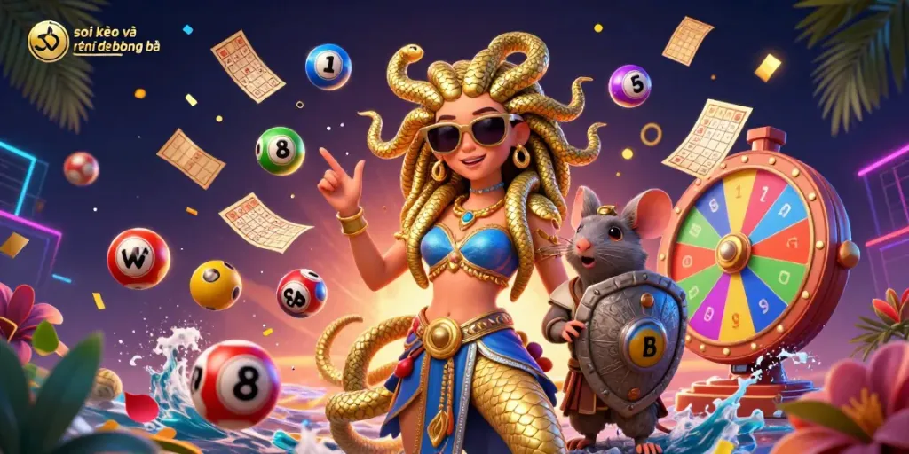 Engaging scene featuring 'soi kèo và nhận định bóng đá' with colorful lottery elements and characters in action.
