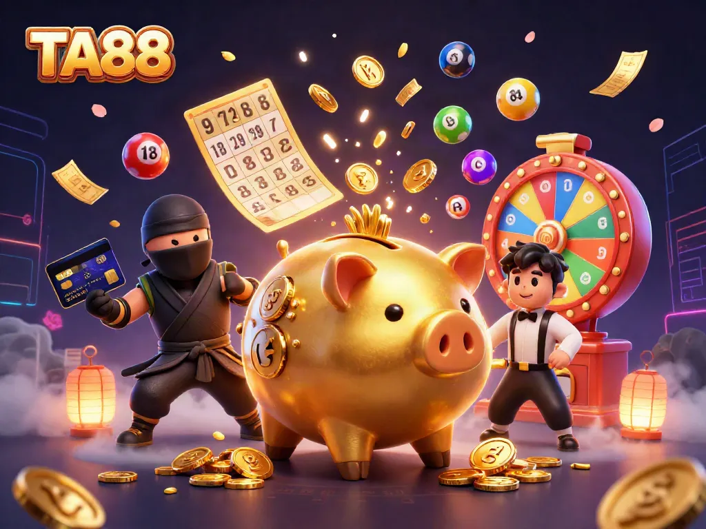TA88 provides exciting gaming action with a sumo wrestler piggy bank shaking coins in a lively casino scene.