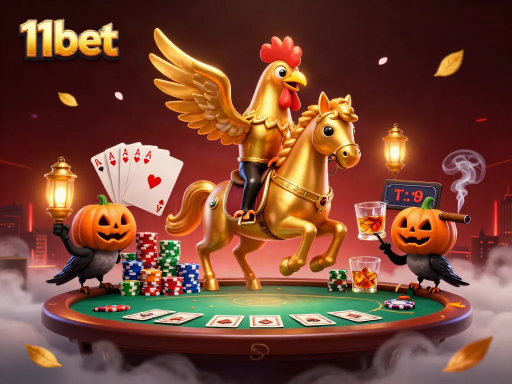 Engage with 11bet in a vibrant casino scene featuring a golden rooster and poker elements.