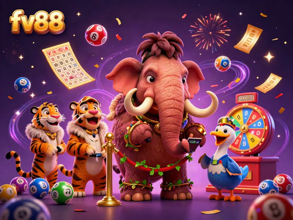 Experience the excitement at fv88 with a lively 3D casino scene featuring characters and vibrant gambling elements.