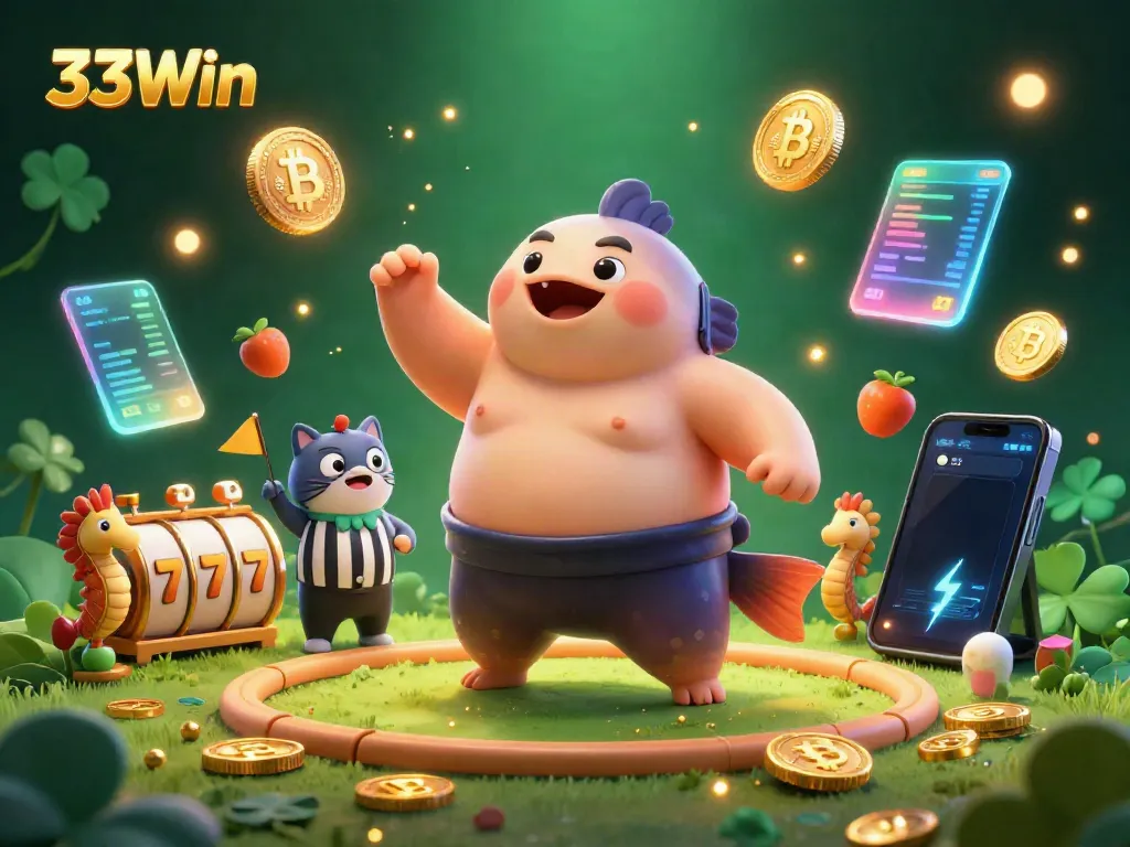 33Win's captivating underwater gambling scene with fugu, catfish, and vibrant slot elements.