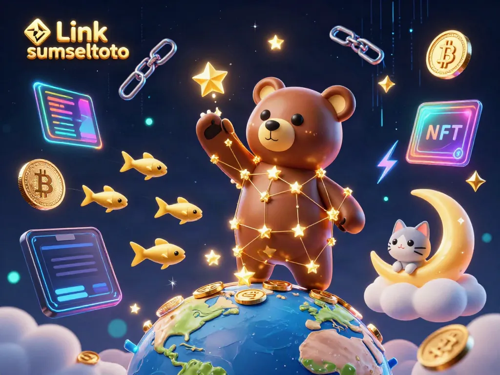 Engage with Link sumseltoto through a vibrant 3D casino universe showcasing constellation bear and crypto elements.