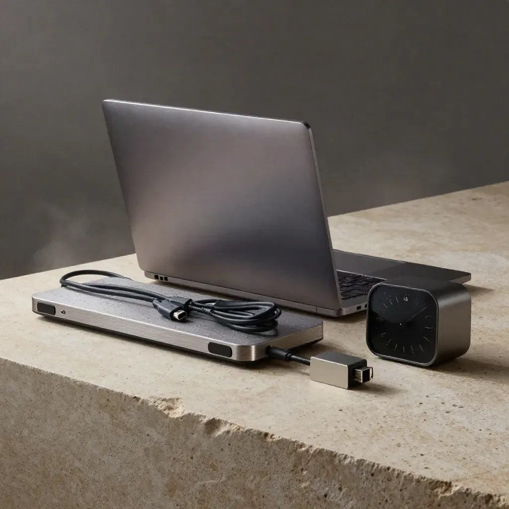 Closed graphite laptop, dock, cables and timer on rain-damp stone in dramatic studio light.