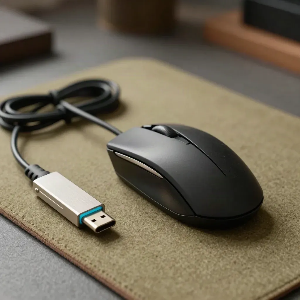 Macro of a trackball, braided USB-C cable and keycap puller on a hazy workbench.