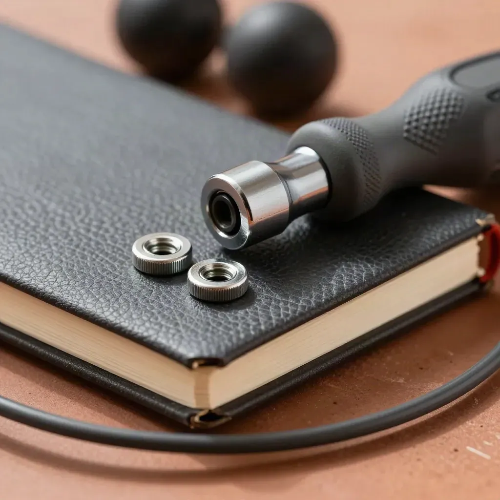 Macro of a notebook, torque driver and paired stainless fasteners on terracotta clay.