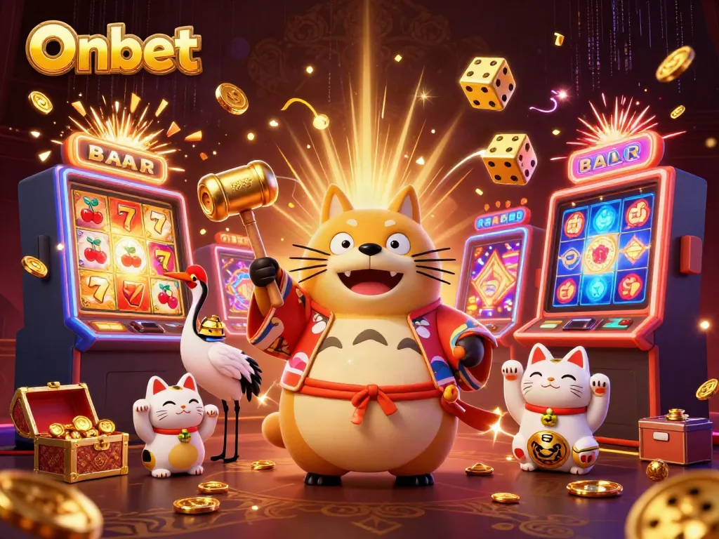 Onbet-themed illustration featuring a tanuki with a mallet, engaging casino elements around