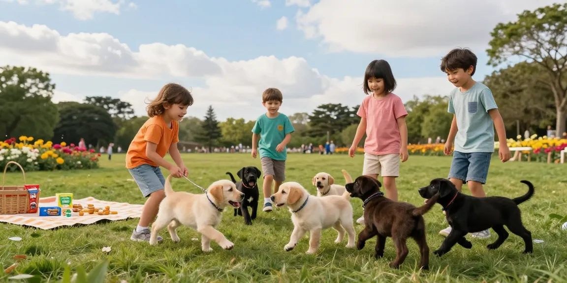 Happy children playing with Labrador puppies for sale in a sunny park setting, showcasing joy and interaction.