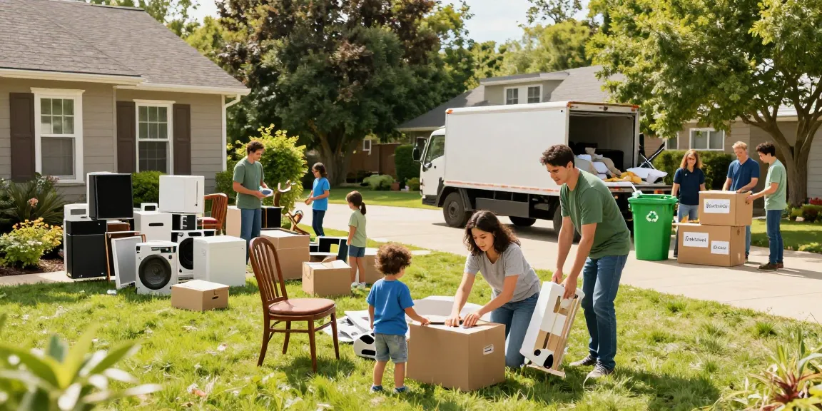 Family engaged in house clearance London, sorting through furniture and appliances in a bright outdoor setting