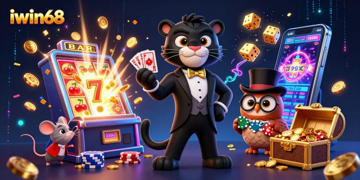 Experience the thrill of iwin68 with stylish characters and vibrant casino elements bursting with energy.