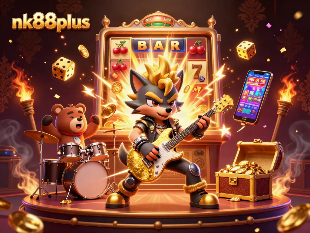 Experience the thrilling action of nk88plus with a rock star wolf and drummer bear celebrating jackpot wins in a vibrant casino