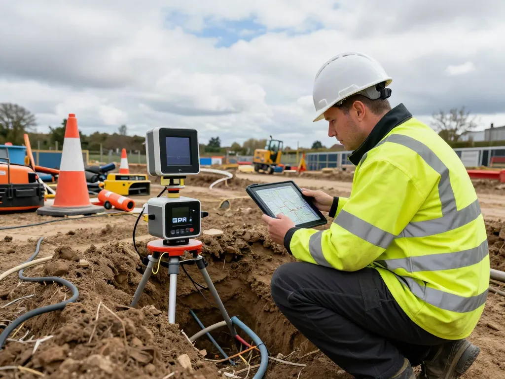 Utility Survey Surrey showcasing a surveyor using GPR equipment on-site, ensuring accuracy in mapping underground utilities.