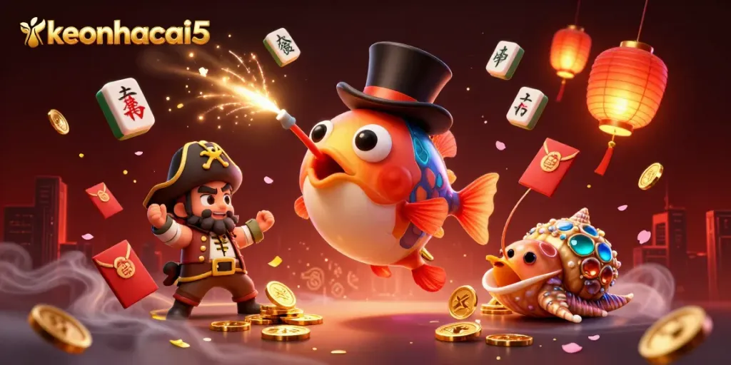 keonhacai5 showcases a vibrant illustration of an anglerfish, shrimp, and sea snail attracting winning coins.